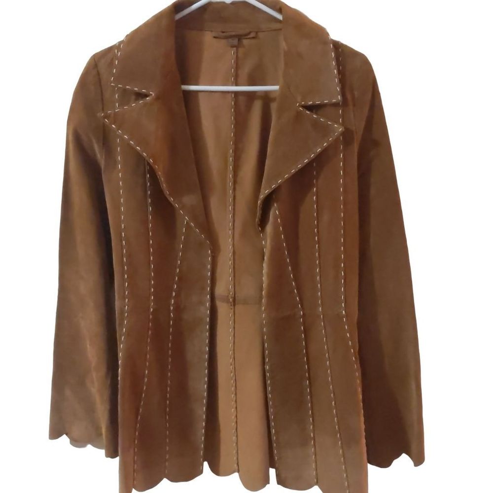 Arden B Vintage Brown 100% Leather Scallop Hem White Stitch Jacket Women Size M